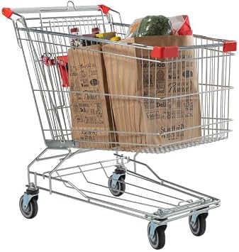 Supermarket Shopping Cart, Silver Metal, 6.3 Cu. Ft. Capacity, 350 lb Load, Chrome Construction, Child Seat with Safety Belt, 39.75x22.81x40.19 Inches