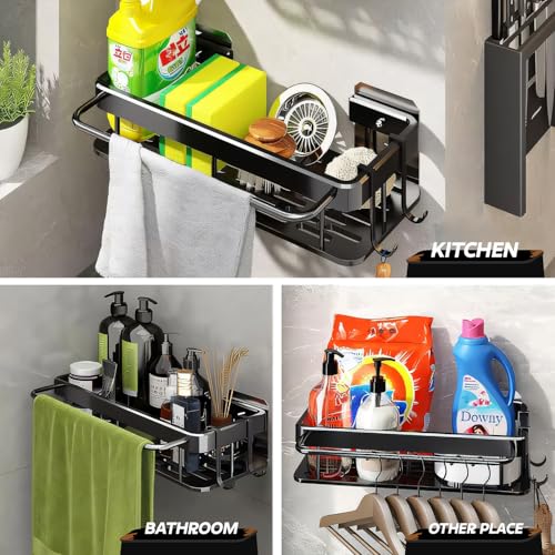 Image of amazon basics Steel Bathroom Organiser Without Drill | Bathroom Accessories & Organizer | 2 Hooks and Towel Holder | Kitchen Sink Organiser | Wall Mounted Shelves Pack of 1