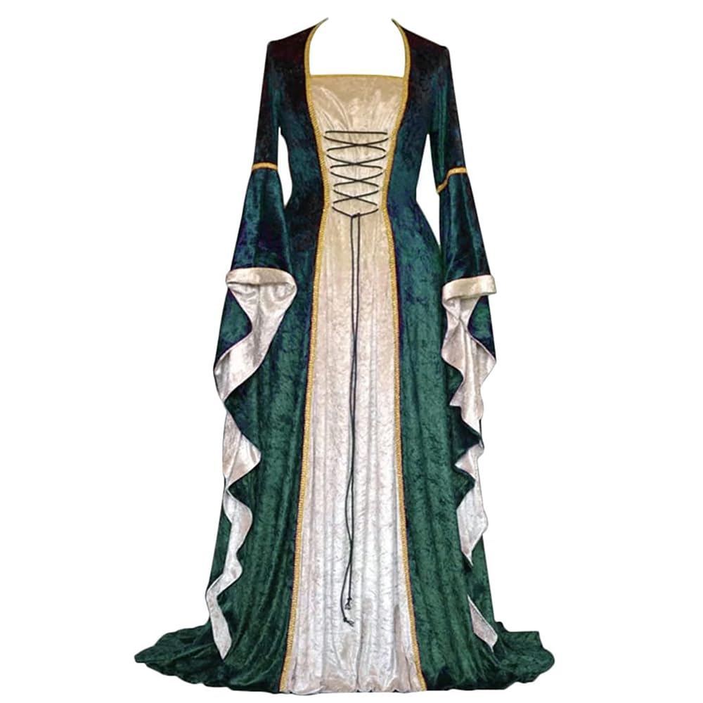 Feynman Women's Retro Medieval Dress with Trumpet Sleeves, Medieval Victorian Queen Dresses, Renaissance Gothic Maxi Dress, Carnival, Halloween Party, Princess Costume, Green, M โ image 1