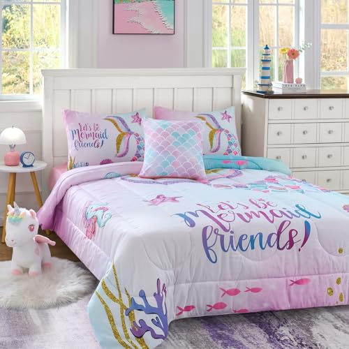 Image of Cokouchyi Twin Size Comforter Set for Girls, 5-Piece Bed in a Bag, 3D Colorful Mermaid Bedding Comforter Sheet Set, Ultra Soft and Fluffy, Mermaid