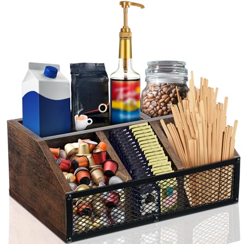 Yalikop Coffee Station Organizer Bar Coffee Creamer Holder for Countertop Tea Condiment Pod Wooden Storage Basket Rustic with Iron Mesh for Accessories Organizer Decor(Dark Brown,Classical)