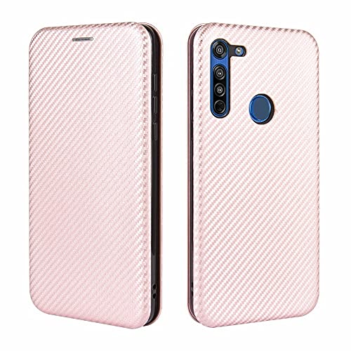 Housse Motorola Moto G8 Power avec rabat antichoc en fibre de carbone et simili cuir rose