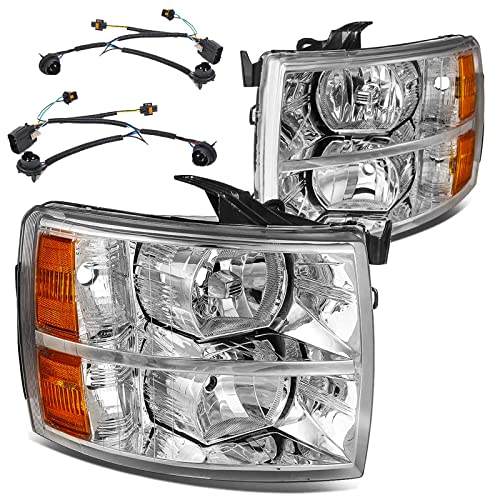 Set of 4 Chrome Headlights Compatible with 07-13 Chevy Silverado 1500/2500HD/3500HD( Not fit 07 Silverado Classic) w/ Headlight Wiring Harness