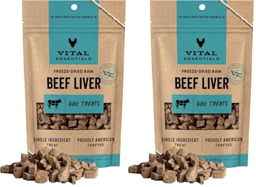 Image of Vital Essentials Freeze Dried Dog Treats | Beef Liver, Single Ingredient | Premium Quality | Grain Free Training Treats for Dogs, 2.1 oz Bag (Pack of 2)