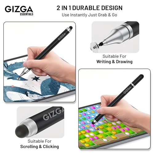 Image of Gizga Essentials 2 in 1 Universal Stylus Pen for All Touchscreen Devices| Fine Point Disc Tip & Soft Rubber Tip Touch Pen for iPad /Pro /Air /mini, iPhone, iOS /Android, Tablets, Smartphones, (Black)