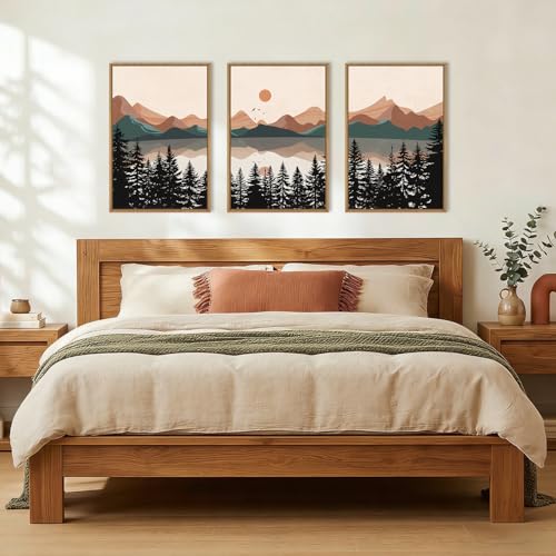 Image of KAIRNE Boho Mountain Sunset Framed Canvas Wall Art Set,Colorful Mid Century Forest Wall Decor,Beige Nature Pine Tree Art Prints,Abstract Modern Landscape Artwork for Living Room,Bedroom,Farmhouse,Office-16 inchx24 inchx3