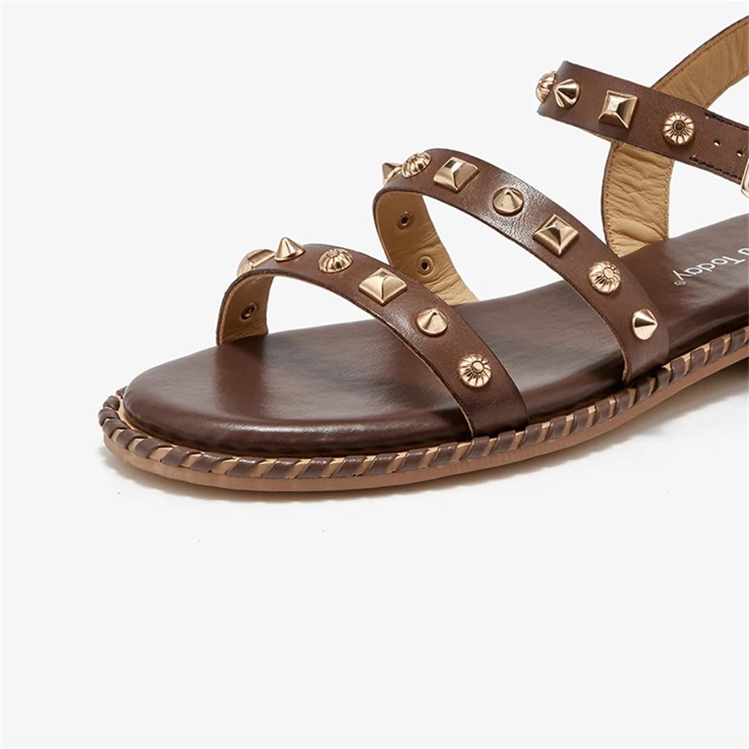 Sandalias básicas de piel de vaca con correa de tobillo y tacón plano para mujer, estilo informal, con hebilla, café, 38.5 EU