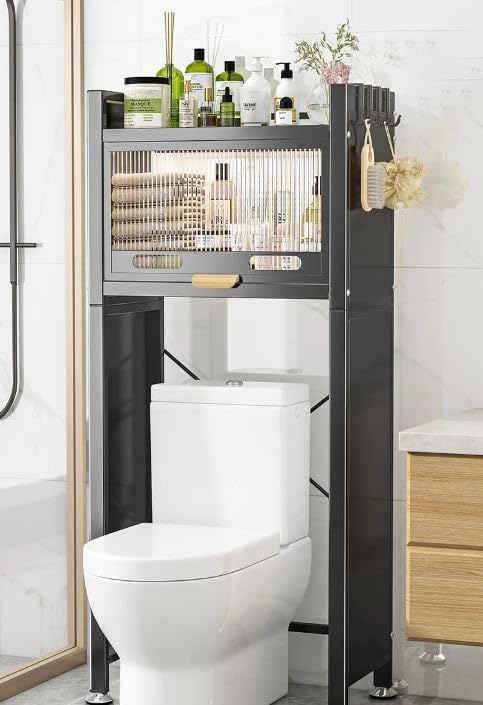 Peturi Bathroom Cabinet Over Toilet, Storage Shelf Over Toilet with Doors, 2-Tier Toilet Storage Cabinet Above Toilet, Metal Rack with Hooks for Bathroom. 1