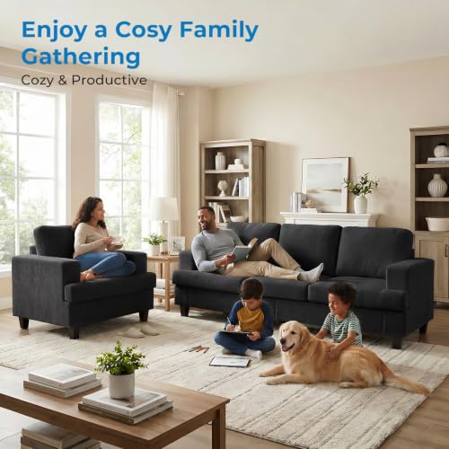 Image of Mjkone 82 inch 2 Piece Living Room Sofa Set, 3 Seater & Armchair, Dark Grey