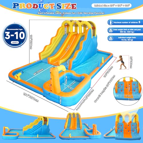 Large Inflatable Water Slide Park, 12.8*22.6*8.3ft Triple Lane Water Slides with Climbing Wall, Deep Pool, Splash Pool, Water Cannon, Ring Toss, Backyard Water Park for Big Kids 3-10yr, 650W Blower