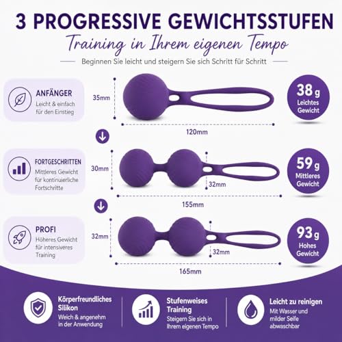 RAVLOVE Vaginalkugeln Liebeskugeln - Silikon&Metall Beckenbodentraining Stärkung der Vaginalmuskulatur - 3 Ben Wa Balls Beckenboden Gewichte Übung Bälle für Frauen (Lila)