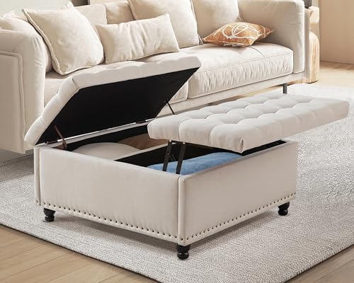 UTOASIS 35.5" Large Square Ottoman with Storage, Tufted Upholstered Storage