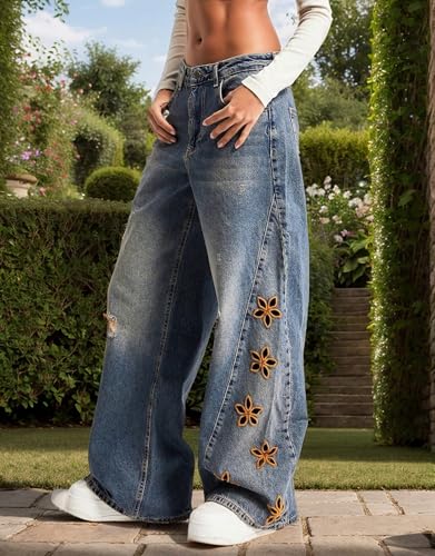 Women's Floral Embroidered Jeans Wide Leg Mid Rise Baggy Denim Pant Loose Fit Distressed Ripped Trousers4