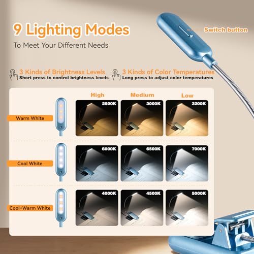 Image of VAVOFO Rechargeable Reading Light, 7 LEDs with 9 Color Temperature 9 Brightness Levels Clip On Book Light for Reading in Bed with Power Indicator for Bookworms (Silver Blue)