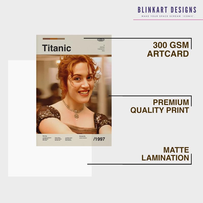 Image of BLINKART Titanic (1997) Movie Poster Frame 8x12 Inch | Premium 300 GSM Paper Wall Print | Mid Century Vintage Film Artwork for Home, Bedroom, Living Room, Office | Framed Photo Decor