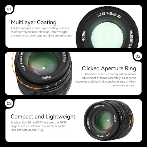Image of Brightin Star 35mm F0.95 Manual Focus Prime Lens for Canon EOS-M Mount Mirrorless Cameras, APS-C Large Aperture Fixed Lens, Fit for M6, M50, M5, M3, M200, M10, M100, M, M2 (Black)