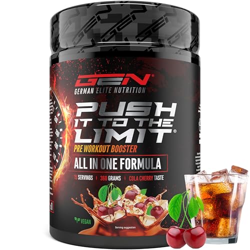 Push it to the Limit - Pre Workout avec L-Arginine + Citrulline + L-Tyrosine + L-Théanine + L-Carnitine + AAKG + Taurine + Racine de Rose Rhodiola + Caféine - Haute Dose - 360g - Cola-Cerise