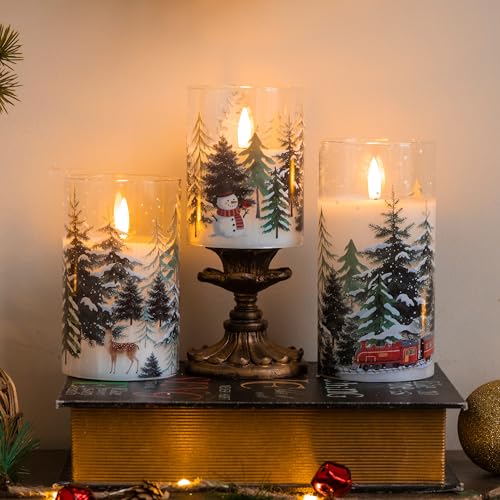Image of LUSHARBOR LUSHABOR Christmas Flameless Candles, 3 Pack Battery Operated Candles for Christmas Mantel Decor, Glass LED Flickering Candles Home Xmas Party Holiday D3 H4 5 inch 6 inch, Trees