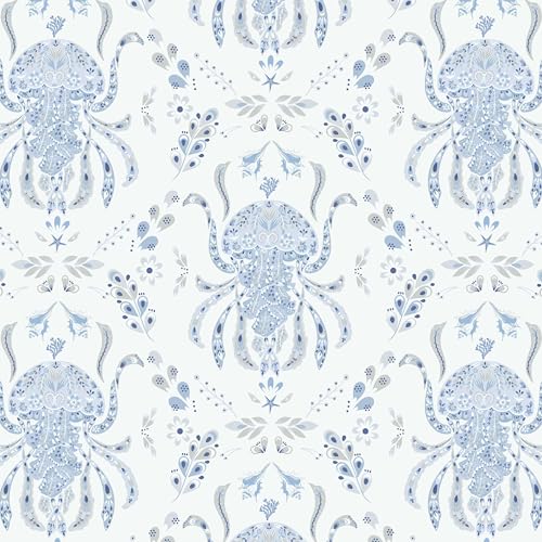 Dimoon Blue Peel and Stick Wallpaper Coastal Contact Paper Bathroom Ocean Beach Wallpaper Boho Jellyfish Renter Friendly Nautical Waterproof for Nursery Kitchen Bedroom Vinyl 17.3''x78.7''