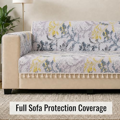 Image of STITCHNEST 'Frostvine Collection' 2 Seater Sofa Cover | Full Coverage with Armrest Pockets | Cotton Quilted Fabric, Decorative Tassels, Washable & Durable for Modern Living