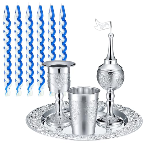 Mumufy 9 Pcs Shabbat Havdalah Set Include Havdualah Candle Holder Kiddush Cup Spice Box Goblet Silver Plate with 5 Pcs Havdalah Candle for Shabbat Judaica Decoration