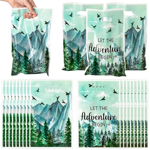 ANGOLIO 50Pcs Let the Adventure Begin Party Favor Bags, Adventure Tour Plastic Loot Gifts Bags, Camping Goody Candy Treat Packaging with Handles for Kids Camping Tour Themed Birthday Party Supplies