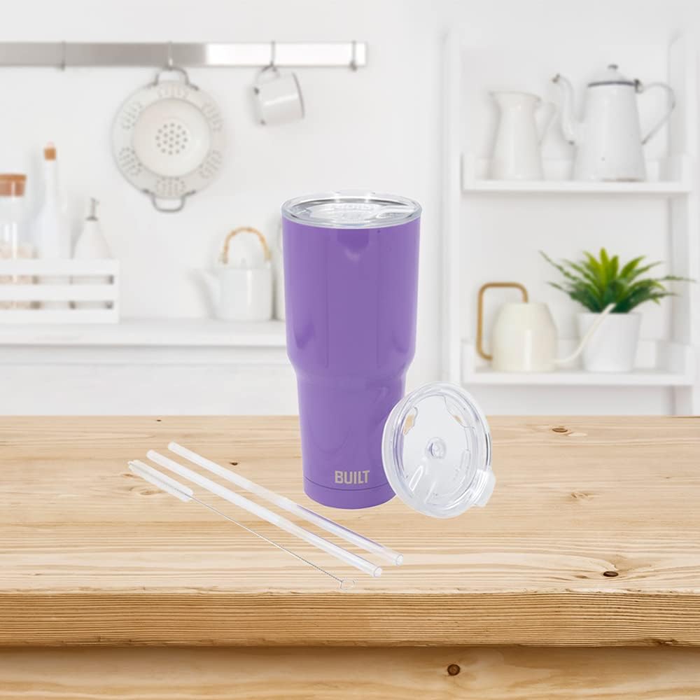 BUILT Double Walled Stainless Steel Tumbler Set with Replacement Lid, 2 Reusable Tritan Wire Straw Cleaning Brush in Gift Box, 30-ounces, Amethyst - Image 7