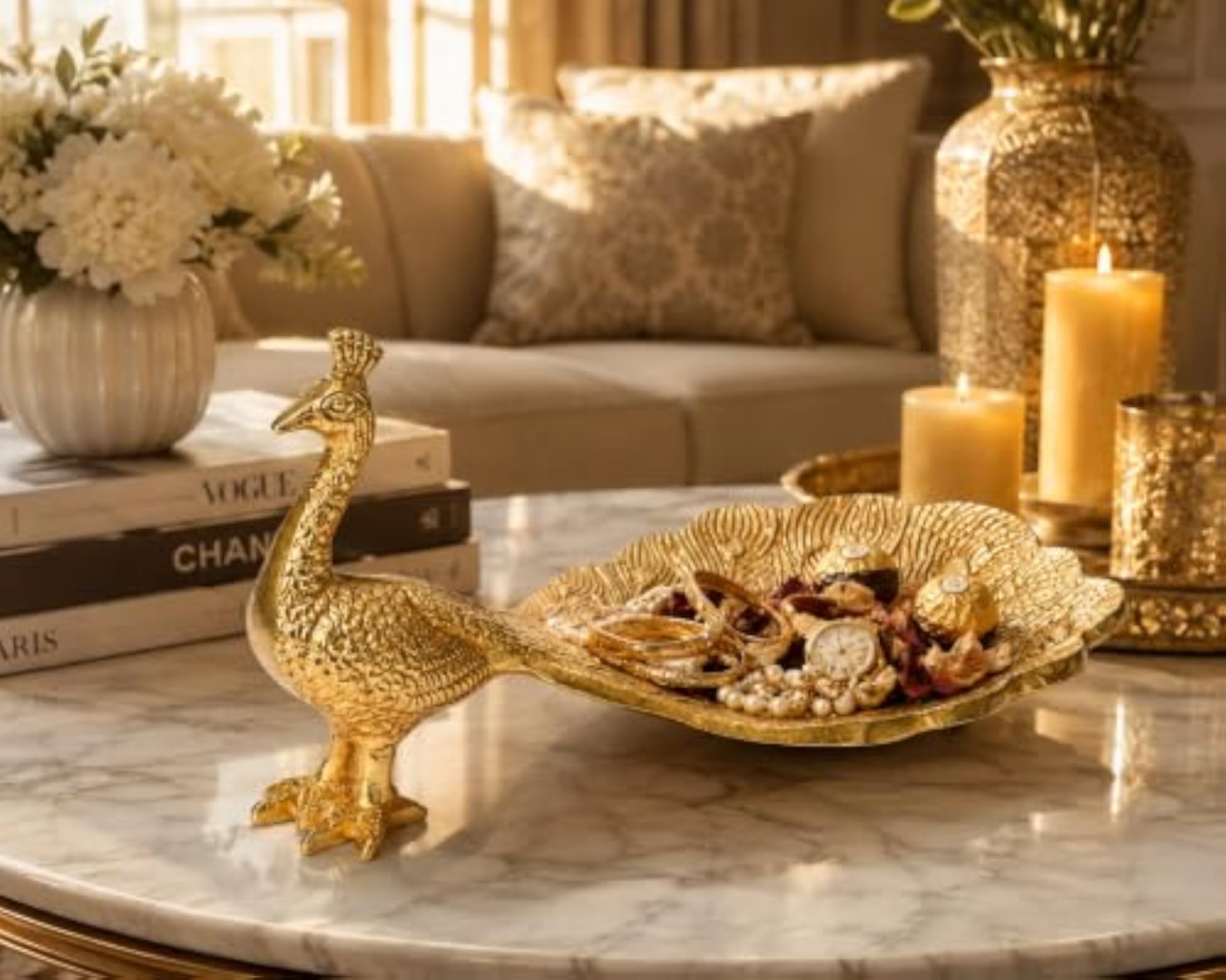 Handcrafted Aluminium Peacock Decorative Tray with Brass Finish