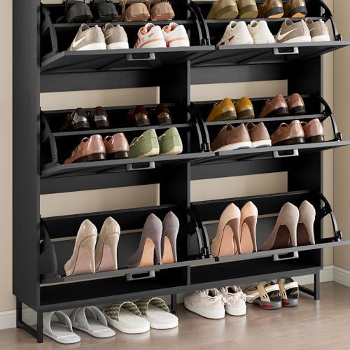 Image of BORNOON Shoe Cabinet with 6 Flip Drawers Narrow Shoe Storage Cabinet Organizer Wooden Freestanding Shoe Rack Hidden Slim Shoes Storage Cabinet for Entryway, Hallway, Living Room, Bedroom