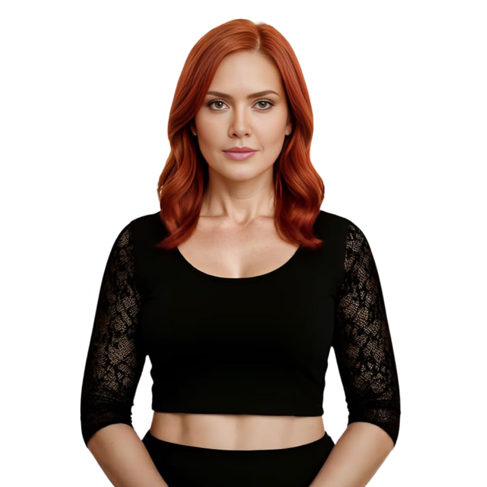 Round Neck Cotton Lycra Blouse Saree Blouse 3/4 Net Sleeve Readymade Stretchable Blouse for Women and Girls Indian Stylish Size (26 to 44)-image-38