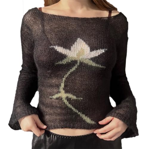 ICNGLKSND Women Lightweight Sheer Sweater Floral Print Knitwear Long Sleeve Boat Neck See Through Jumper Loose Rib Crop Tops