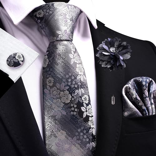 Image of GUSLESON 3.15 inch(8cm) Mens Floral Tie and Lapel Pin Necktie Hankerchief Cufflinks Set for Men