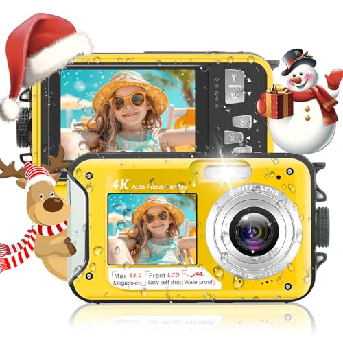 Fotocamera digitale, Yixinxin 4K, fotocamera subacquea, 64 MP, autofocus 16 FT, fotocamera digitale impermeabile con scheda da 32 GB, Dual Screen Selfie 1250 mAh, 16 X galleggiante digitale per