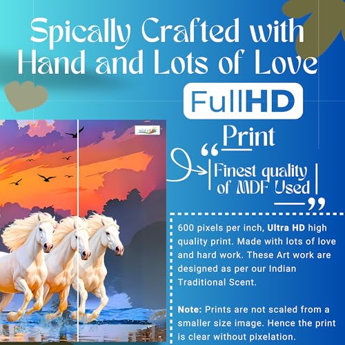 Image of 7 Horses Painting - 24 x 48 Inch 5 Piece Panel Wall Decor Painting | Seven Horse Vastu Wall Frame with Rising Sun | Sparkle Laminated Vinyl on 7mm MDF | For Living Room, Office & Bedroom
