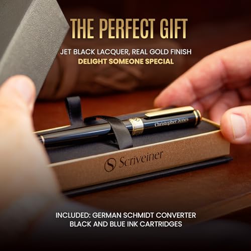 Image of Scriveiner Personalized Black Fountain Pen - Stunning Luxury Pen, Jet Black Lacquer, Real Gold Plating, German Schmidt Nib (Medium), Best Engraved Gift Set for Men & Women, Name Engraving