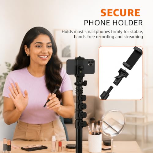 Image of Amazon Basics 61 Inch (156CM) 1.5M Tripod Stand with Mobile Phone Holder - Versatile Stand for Ring Lights, Cameras, and Mobile Phones. Ideal for Video Recording, Video Shooting, and Lighting Setup.