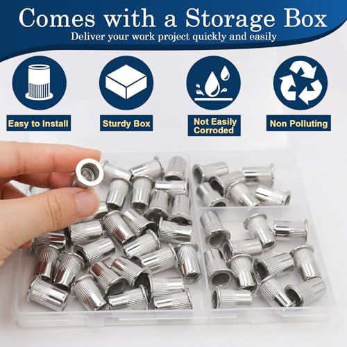 Image of 5 /16''-18 UNC Rivet Nut, 50Pcs 304 Stainless Steel Flat Head Rivnut Threaded Insert Nutsert