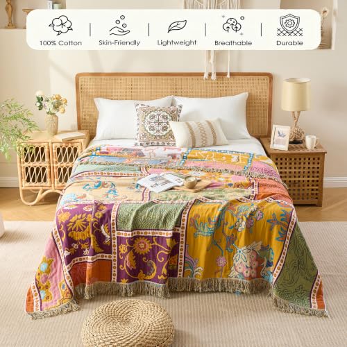 Image of VANJOROY Boho Throw Blanket, 100% Organic Cotton Breathable Skin-Friendly Ultra Soft 50 inch x 60 inch Bed Patchwork Throw - Floral Rustic Luxury Reversible Blanket for Sofa Couch Chair and Gift,