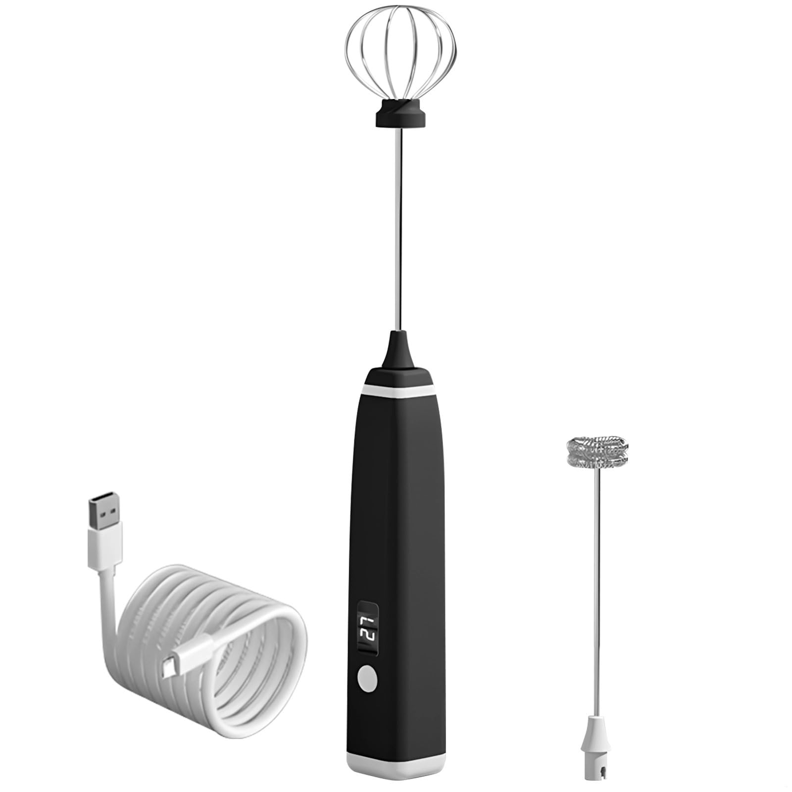 Wireless Electric Milk Frother, Handheld Foam Maker with Led Display, USB Charging, Multi-Use for Coffee & Baking, Includes Extra Whisk, Black