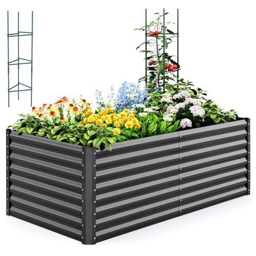 Image of Quictent Galvanized Raised Garden Bed 6x3x2 Ft Metal Planter Box Bottomless for Backyard Outdoor, Include 1 pc Tomato Cage (Dark Gray)