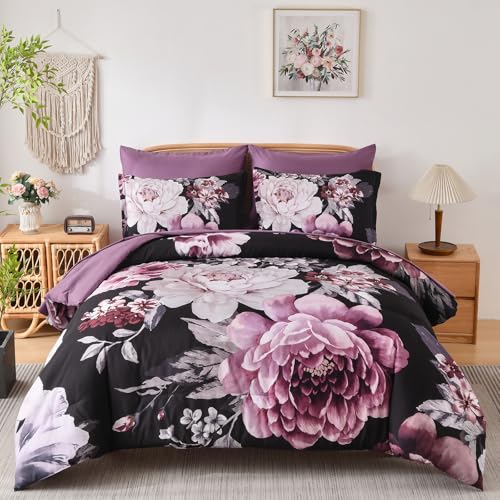 Dintszyayue Floral Comforter Set King Size 7 Pieces Black Purple Flower Bed in a Bag, Lightweight Comforter for All Season with Flat Sheet, Fitted Sheets, Pillowcases & Shams