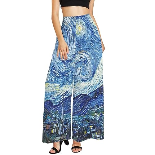 Irisjudy Womens Casual Wide Leg Long Lounge Pant Trousers, Monet Art Elastic High Waisted Palazzo Trousers Plus Size Clubwear2