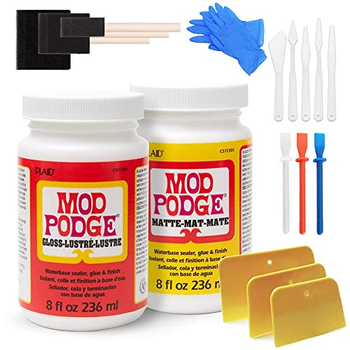 Product Image of the Mod Podge Bundle, 8 Ounce Gloss and Matte Medium Waterproof Sealer, Pixiss Accessory Kit with Foam Brushes, Gloves, Glue Spreaders and More 8oz