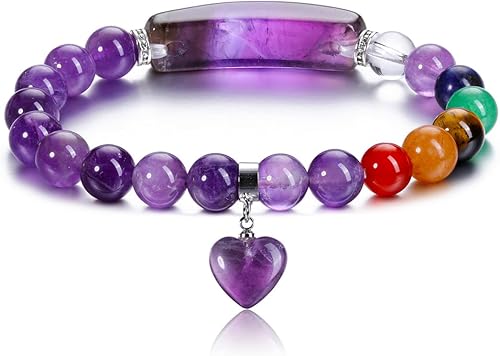 Jovivi Pulseras de 7 chakras para mujeres y hombres, piedras preciosas naturales de chakras de 0.315 pulgadas, cuentas redondas de amatista, pulsera