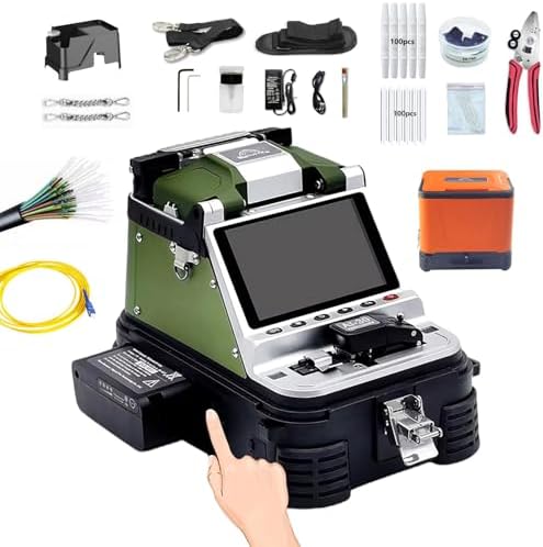 Optical Fiber Fusion Splicer Kit with Integrated Cleaver, 5'' LCD Screen, 6 Motors, 7800mAh Battery, Power Meter and VFL