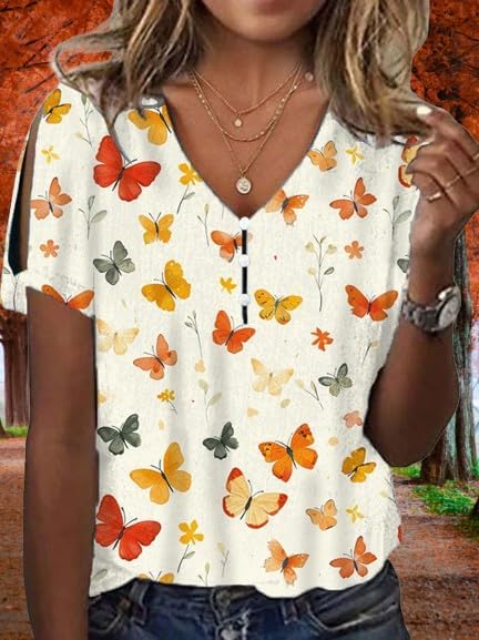 Women Casual Summer Boho Tops V Neck Loose Printed Short Sleeve Floral Blouses Cold Shoulder Peasant Tunic Shirts - Image 2