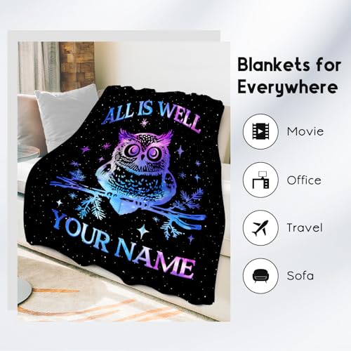 Custom Owl Blanket for Women, Cute Soft Throw Gifts for Girls, Cozy Flannel Throw Blankets for Couch Office, Black 60"x80"