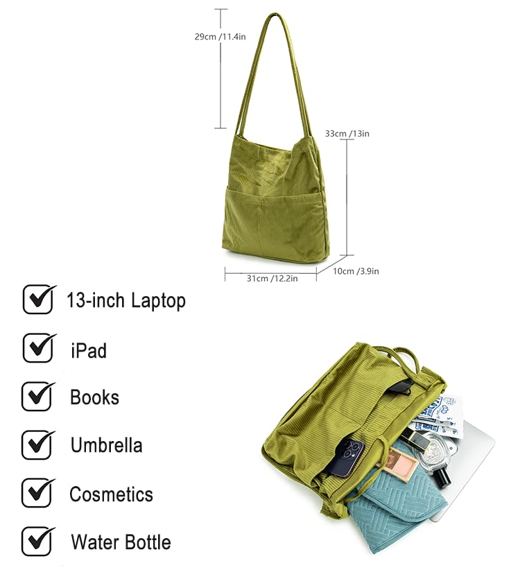 Image of Corduroy Tote Bag for Women Hobo Shoulder Bag Large Capacity Purse Shopper Travel Casual Green Handbag