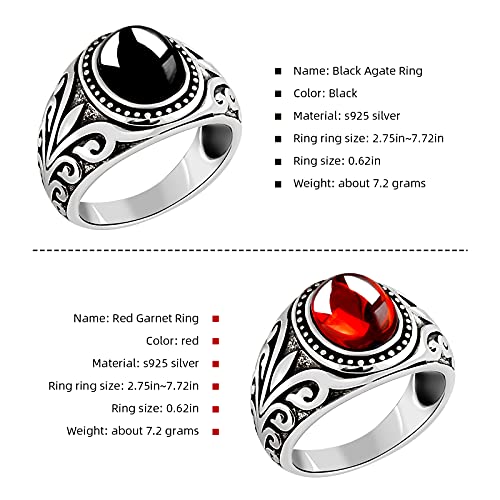 Retro Gothic Cool Rings For Men, 925 Sterling Silver Male Rings With Red Garnet Onyx Beads, Engraved Silver Rings Statement Rings For Party Birthday Fathers Day, Size 7-12 #TOP1