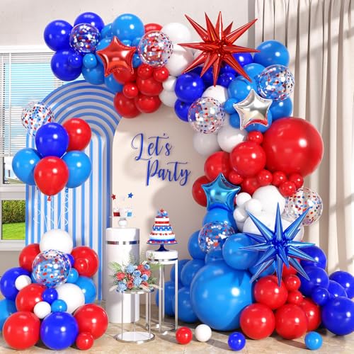 Arche de ballons rouge blanc bleu avec confettis et étoiles pour déco du 4 juillet